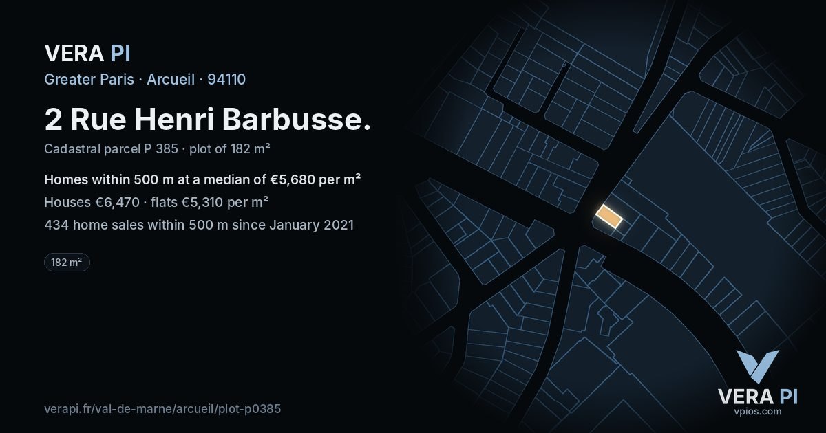 2 Rue Henri Barbusse, Arcueil at night – the plot lit, the parcels around coloured by the prices near them