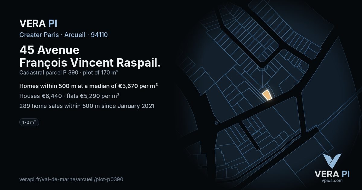 45 Avenue François Vincent Raspail, Arcueil at night – the plot lit, the parcels around coloured by the prices near them