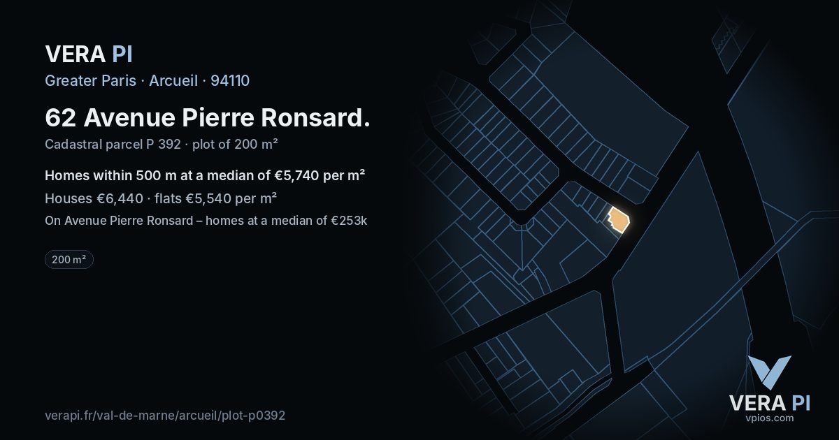 62 Avenue Pierre Ronsard, Arcueil at night – the plot lit, the parcels around coloured by the prices near them