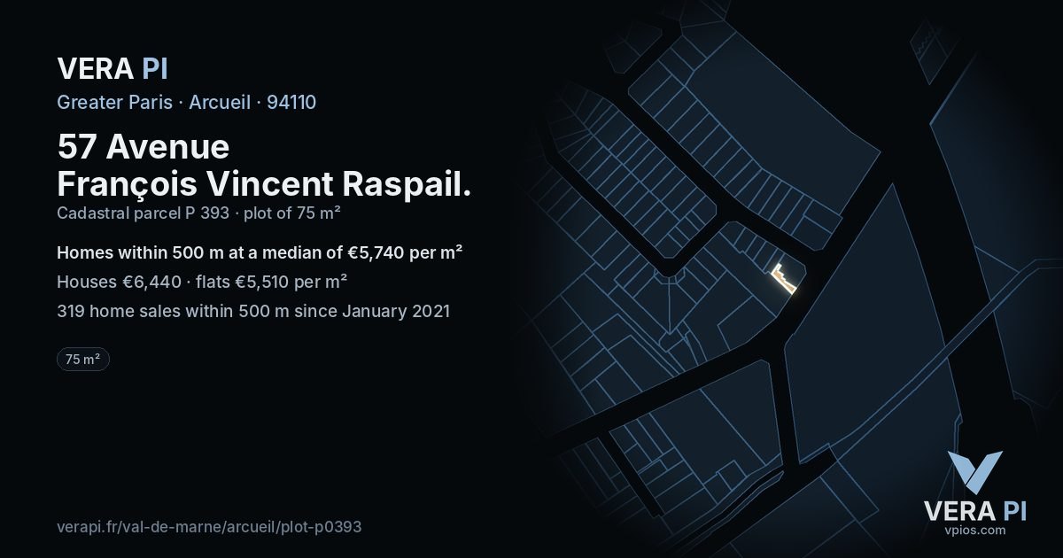 57 Avenue François Vincent Raspail, Arcueil at night – the plot lit, the parcels around coloured by the prices near them