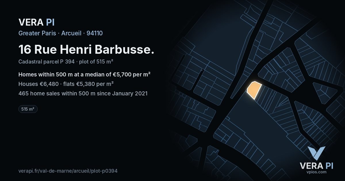 16 Rue Henri Barbusse, Arcueil at night – the plot lit, the parcels around coloured by the prices near them