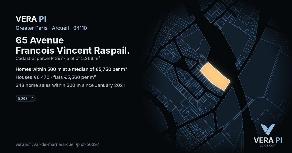 65 Avenue François Vincent Raspail, Arcueil at night – the plot lit, the parcels around coloured by the prices near them