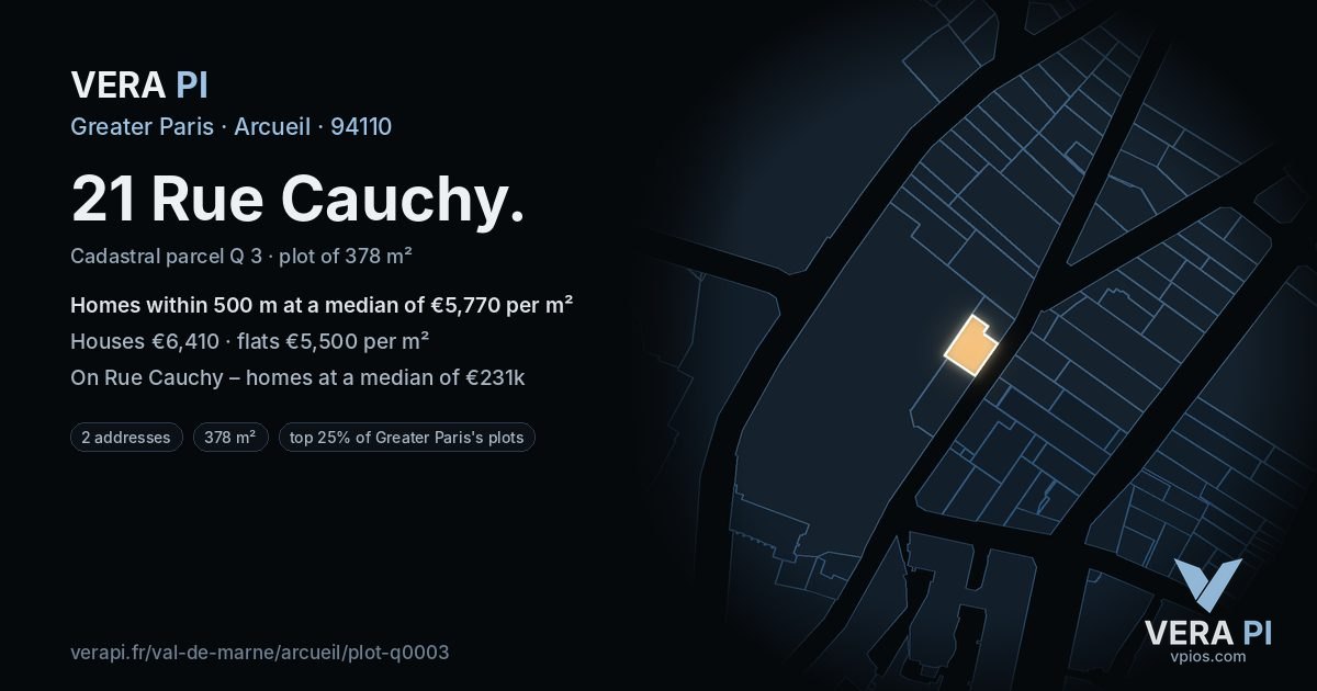 21 Rue Cauchy, Arcueil at night – the plot lit, the parcels around coloured by the prices near them