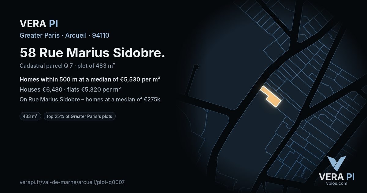 58 Rue Marius Sidobre, Arcueil at night – the plot lit, the parcels around coloured by the prices near them