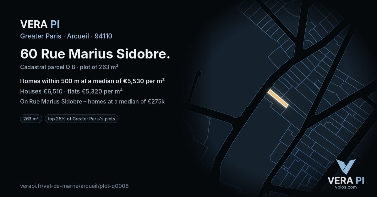 60 Rue Marius Sidobre, Arcueil at night – the plot lit, the parcels around coloured by the prices near them