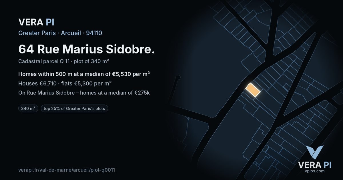 64 Rue Marius Sidobre, Arcueil at night – the plot lit, the parcels around coloured by the prices near them