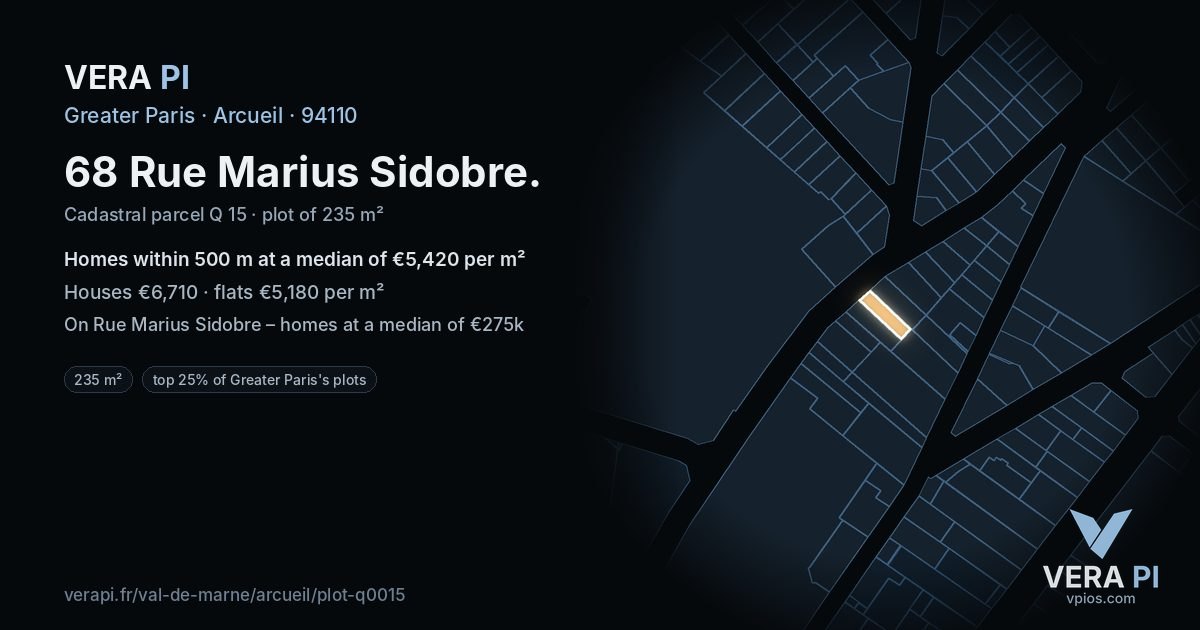 68 Rue Marius Sidobre, Arcueil at night – the plot lit, the parcels around coloured by the prices near them