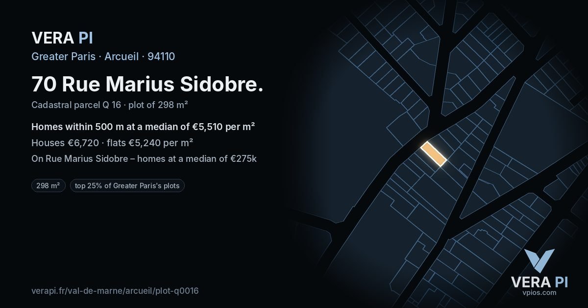 70 Rue Marius Sidobre, Arcueil at night – the plot lit, the parcels around coloured by the prices near them