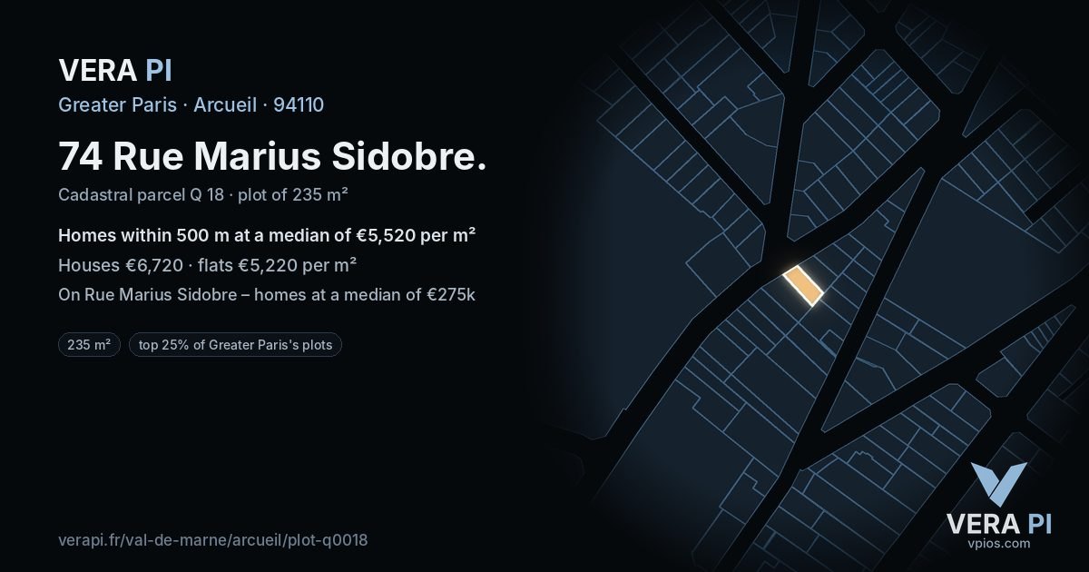 74 Rue Marius Sidobre, Arcueil at night – the plot lit, the parcels around coloured by the prices near them