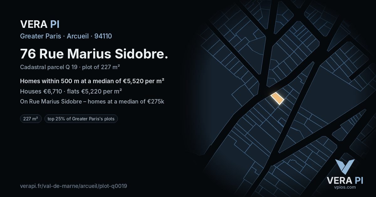 76 Rue Marius Sidobre, Arcueil at night – the plot lit, the parcels around coloured by the prices near them