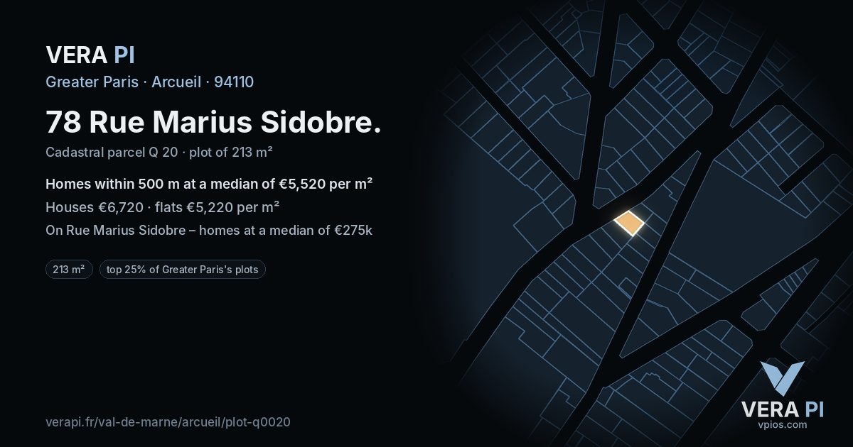 78 Rue Marius Sidobre, Arcueil at night – the plot lit, the parcels around coloured by the prices near them