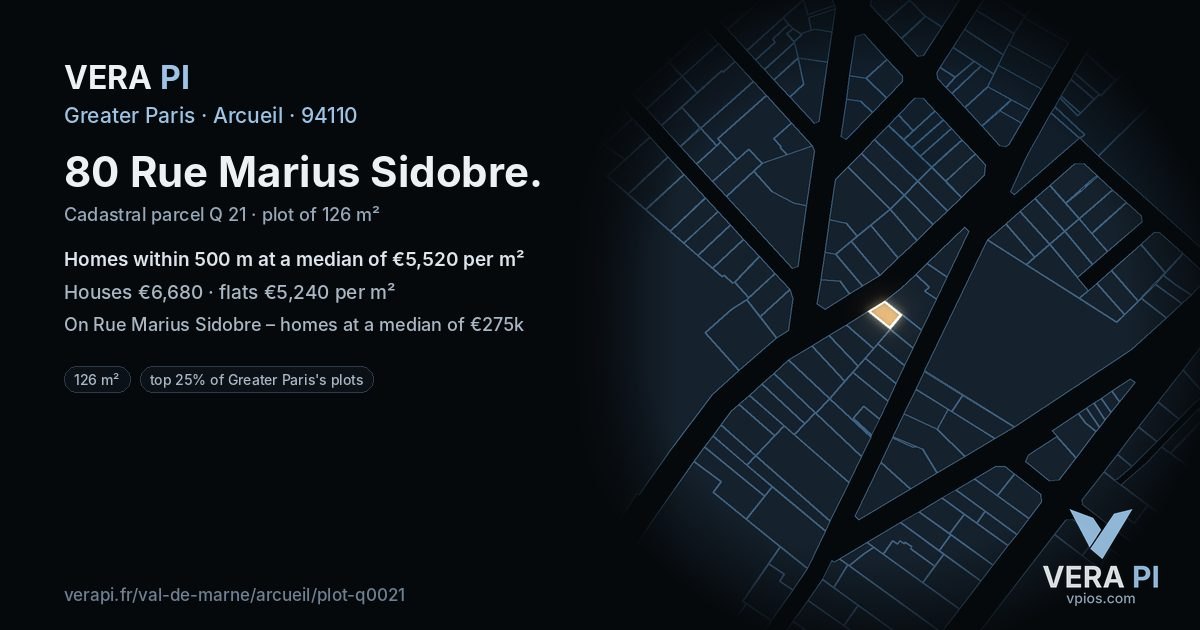 80 Rue Marius Sidobre, Arcueil at night – the plot lit, the parcels around coloured by the prices near them