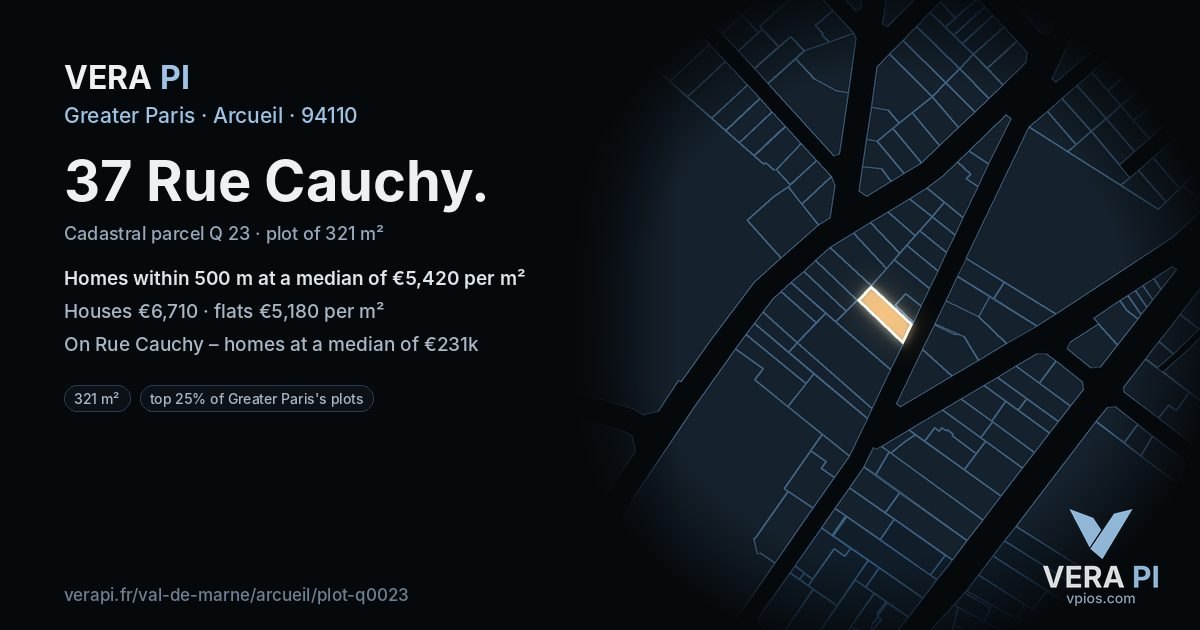 37 Rue Cauchy, Arcueil at night – the plot lit, the parcels around coloured by the prices near them