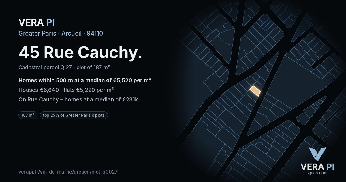 45 Rue Cauchy, Arcueil at night – the plot lit, the parcels around coloured by the prices near them