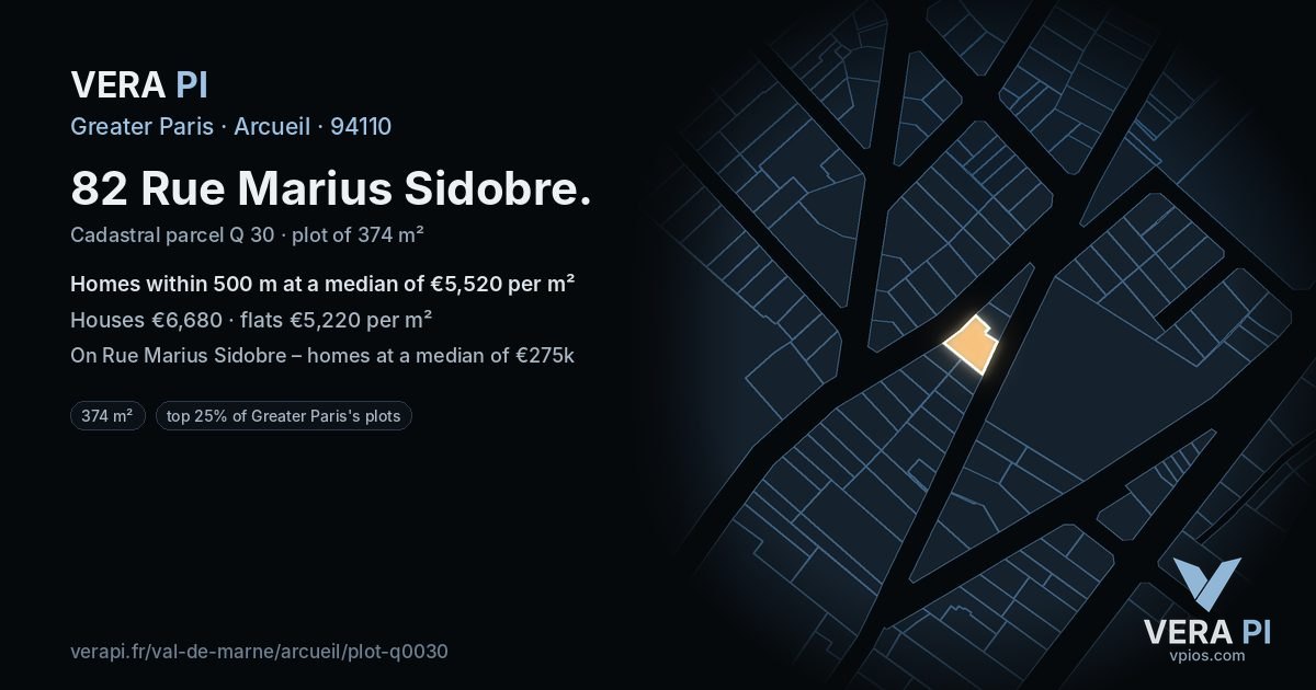 82 Rue Marius Sidobre, Arcueil at night – the plot lit, the parcels around coloured by the prices near them