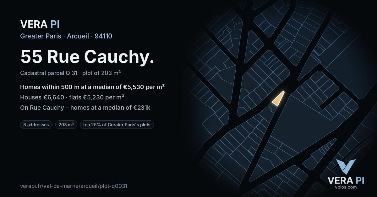 55 Rue Cauchy, Arcueil at night – the plot lit, the parcels around coloured by the prices near them