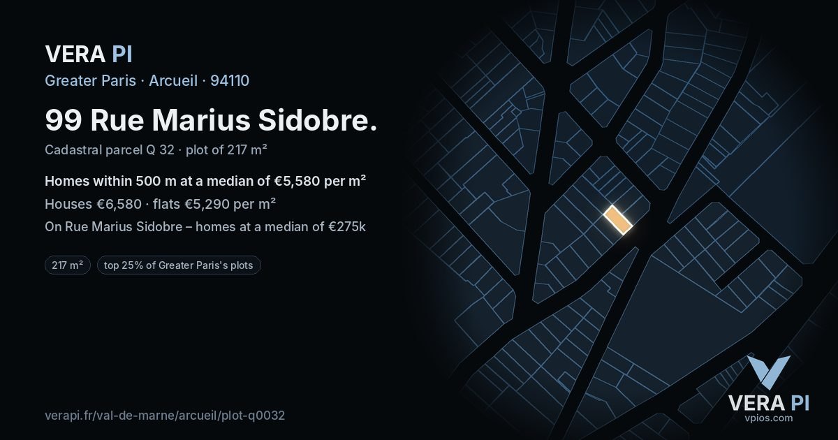 99 Rue Marius Sidobre, Arcueil at night – the plot lit, the parcels around coloured by the prices near them
