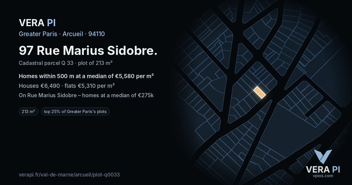 97 Rue Marius Sidobre, Arcueil at night – the plot lit, the parcels around coloured by the prices near them