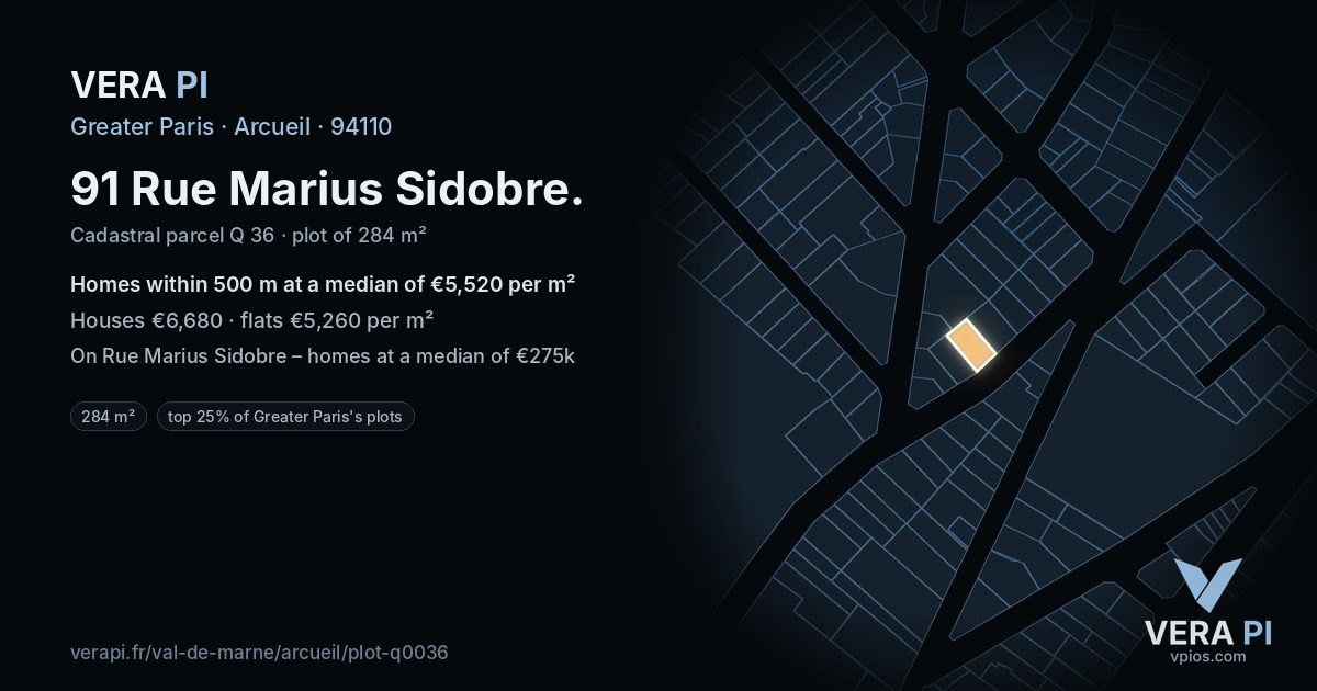 91 Rue Marius Sidobre, Arcueil at night – the plot lit, the parcels around coloured by the prices near them