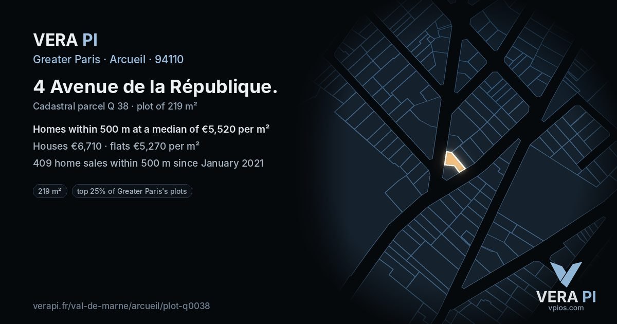 4 Avenue de la République, Arcueil at night – the plot lit, the parcels around coloured by the prices near them