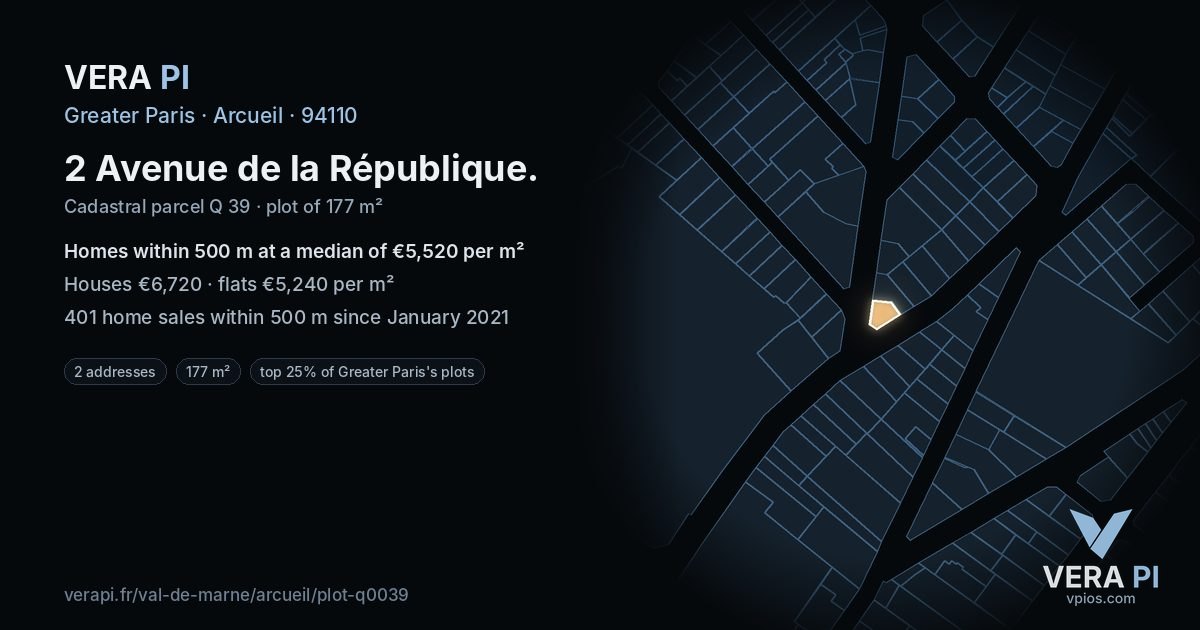 2 Avenue de la République, Arcueil at night – the plot lit, the parcels around coloured by the prices near them