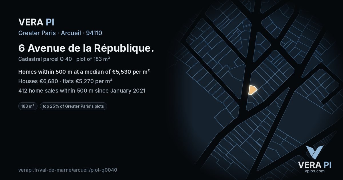 6 Avenue de la République, Arcueil at night – the plot lit, the parcels around coloured by the prices near them