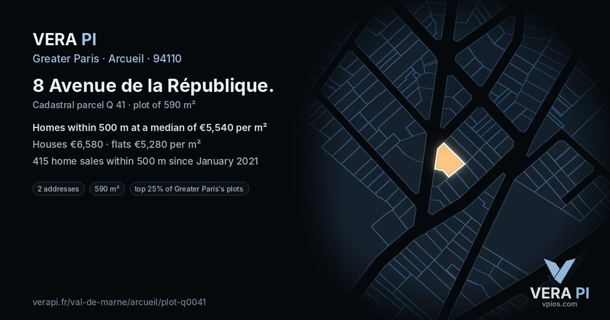 8 Avenue de la République, Arcueil at night – the plot lit, the parcels around coloured by the prices near them