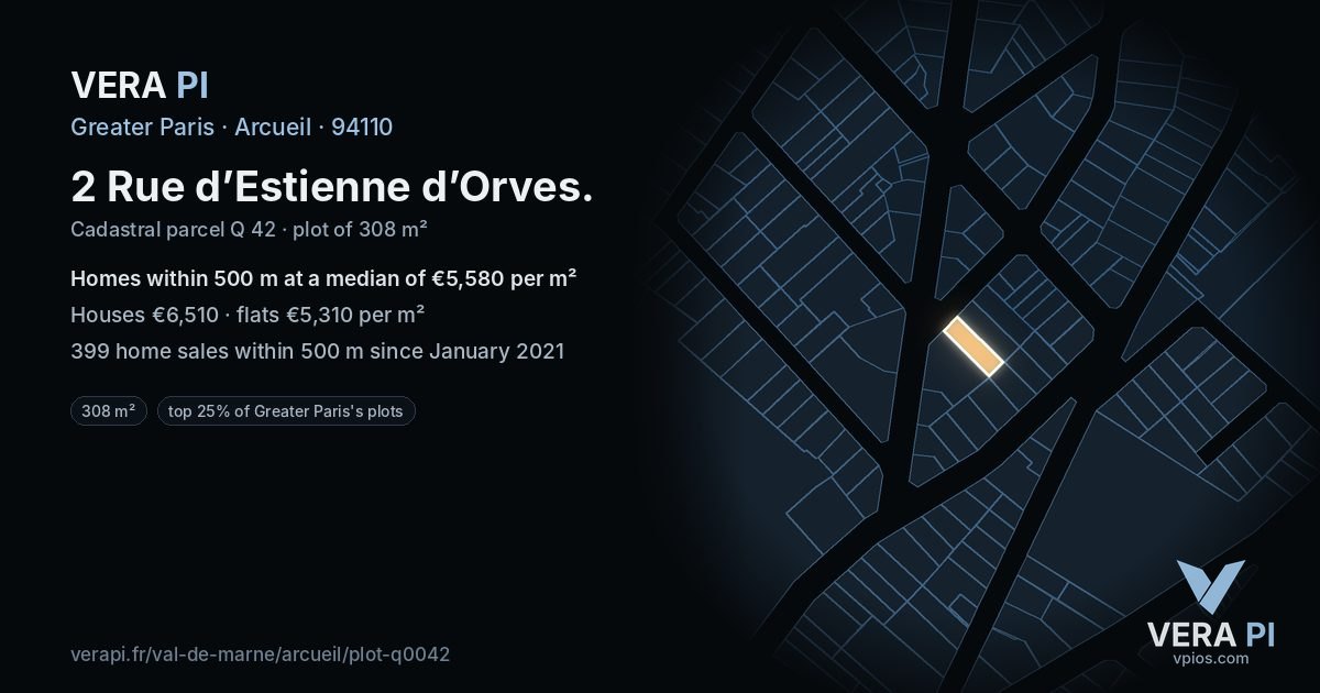 2 Rue d’Estienne d’Orves, Arcueil at night – the plot lit, the parcels around coloured by the prices near them