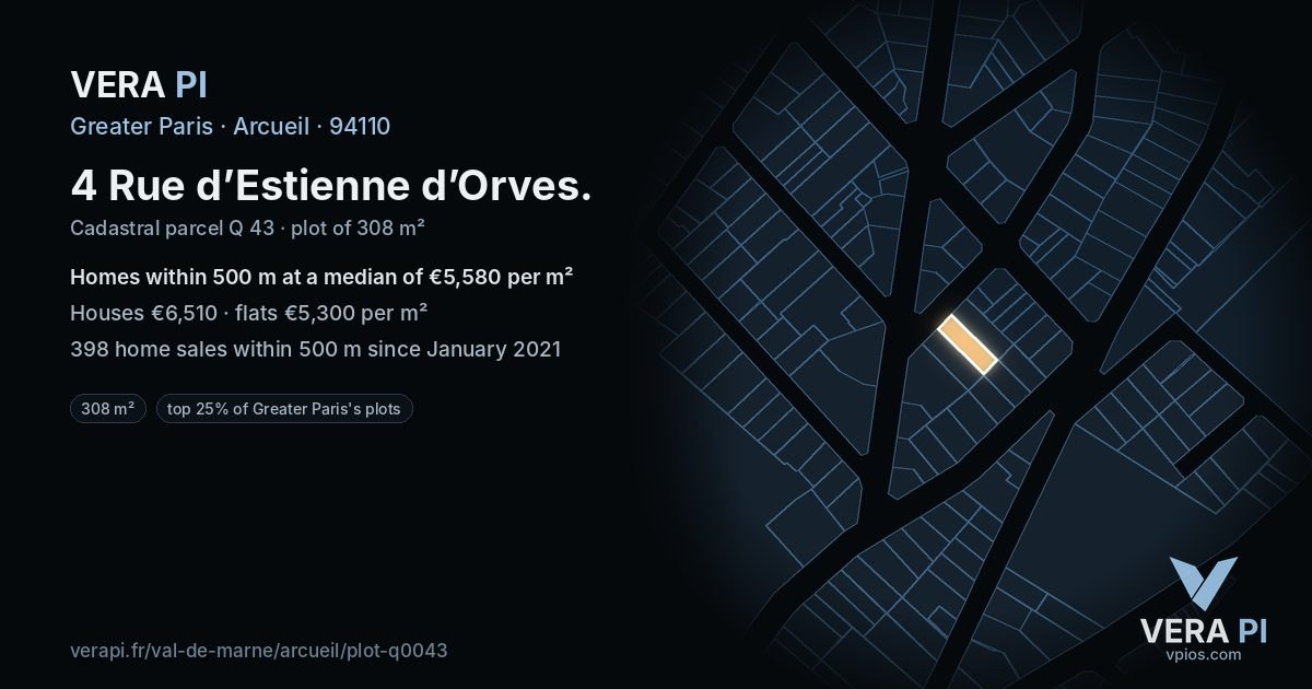 4 Rue d’Estienne d’Orves, Arcueil at night – the plot lit, the parcels around coloured by the prices near them