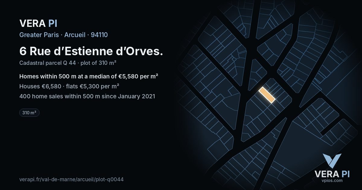 6 Rue d’Estienne d’Orves, Arcueil at night – the plot lit, the parcels around coloured by the prices near them