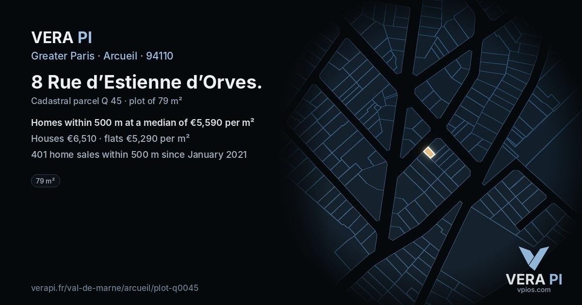 8 Rue d’Estienne d’Orves, Arcueil at night – the plot lit, the parcels around coloured by the prices near them