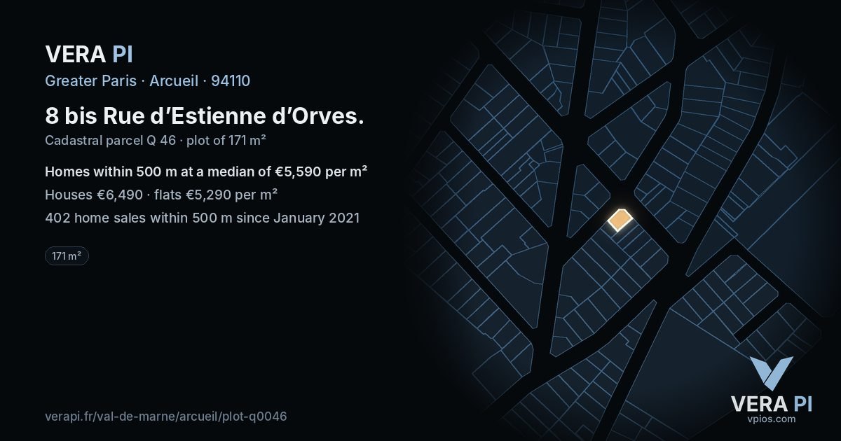 8 bis Rue d’Estienne d’Orves, Arcueil at night – the plot lit, the parcels around coloured by the prices near them