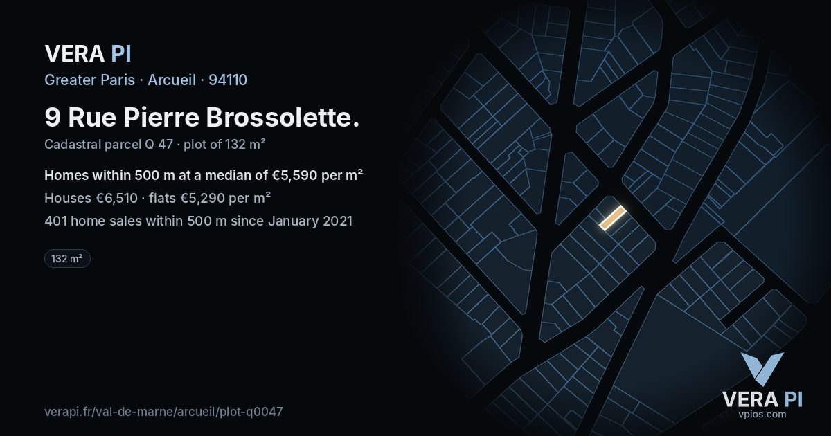 9 Rue Pierre Brossolette, Arcueil at night – the plot lit, the parcels around coloured by the prices near them