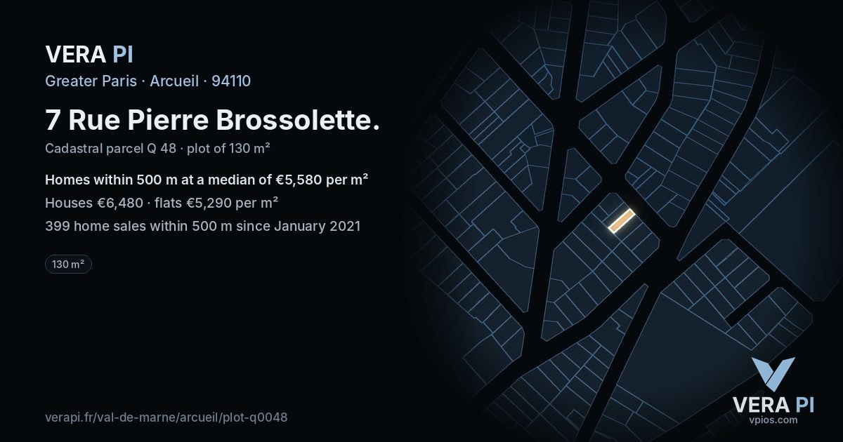 7 Rue Pierre Brossolette, Arcueil at night – the plot lit, the parcels around coloured by the prices near them