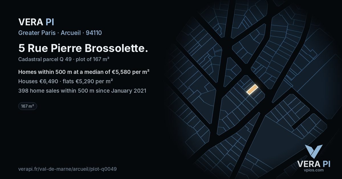 5 Rue Pierre Brossolette, Arcueil at night – the plot lit, the parcels around coloured by the prices near them
