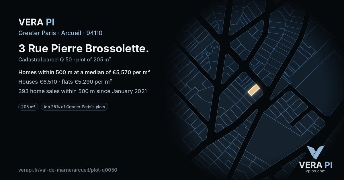 3 Rue Pierre Brossolette, Arcueil at night – the plot lit, the parcels around coloured by the prices near them