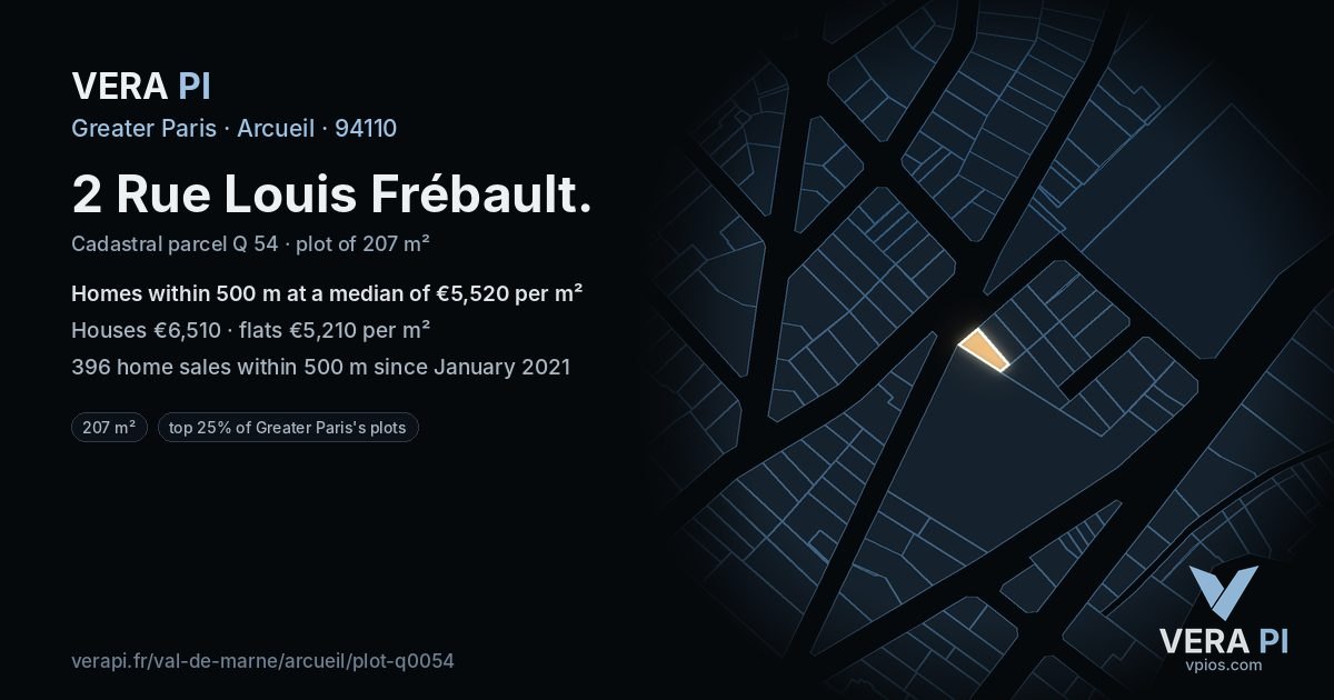 2 Rue Louis Frébault, Arcueil at night – the plot lit, the parcels around coloured by the prices near them