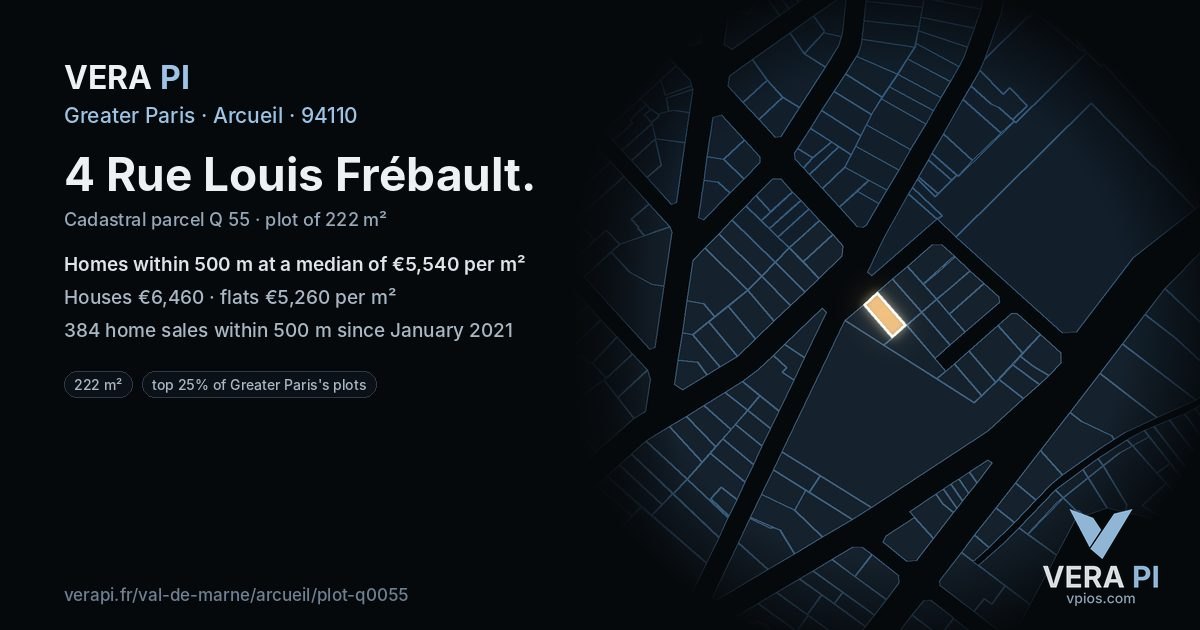 4 Rue Louis Frébault, Arcueil at night – the plot lit, the parcels around coloured by the prices near them