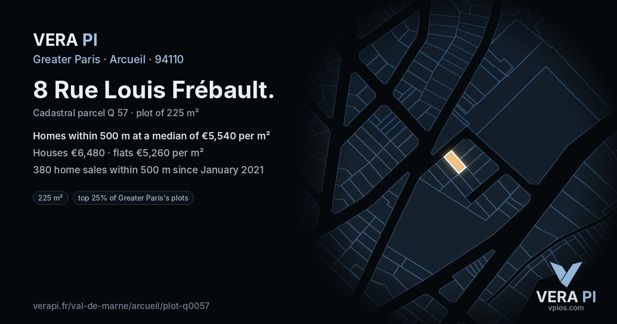 8 Rue Louis Frébault, Arcueil at night – the plot lit, the parcels around coloured by the prices near them