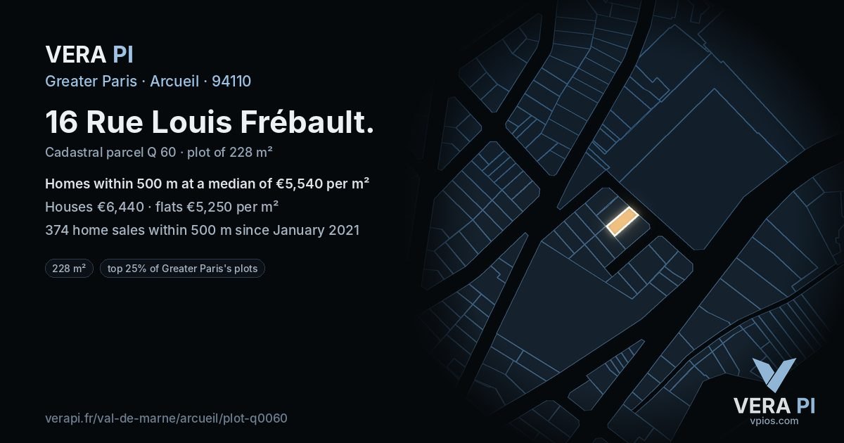 16 Rue Louis Frébault, Arcueil at night – the plot lit, the parcels around coloured by the prices near them