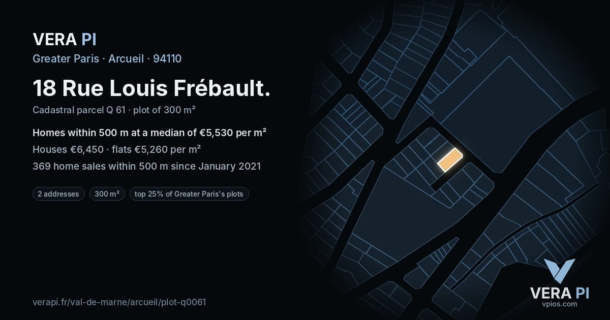 18 Rue Louis Frébault, Arcueil at night – the plot lit, the parcels around coloured by the prices near them