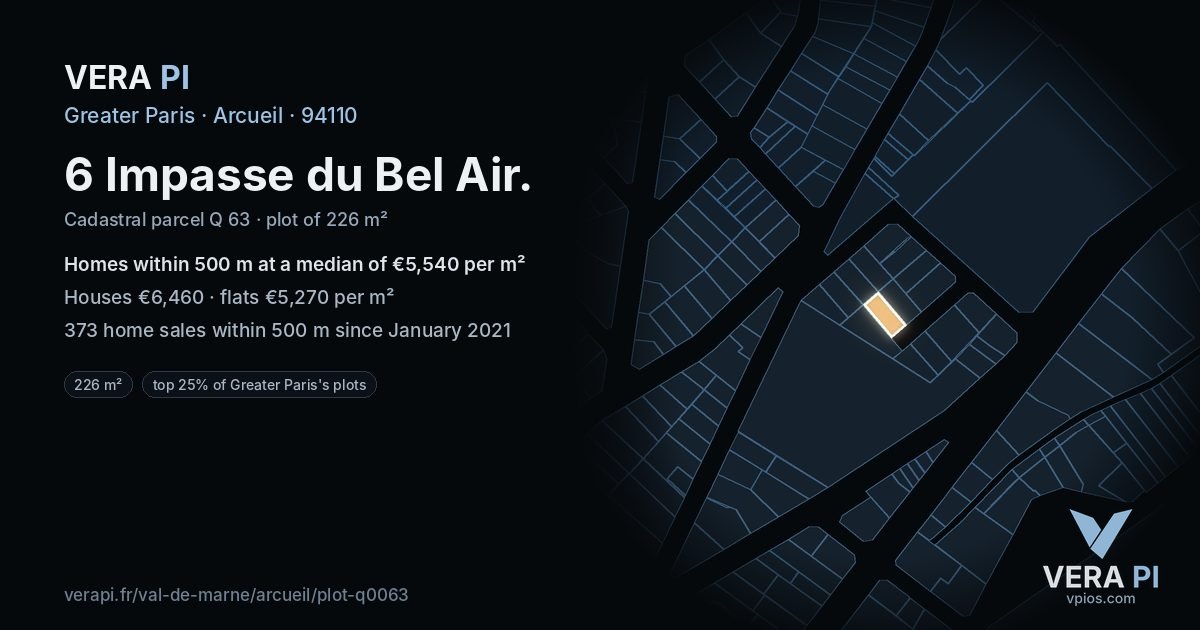 6 Impasse du Bel Air, Arcueil at night – the plot lit, the parcels around coloured by the prices near them