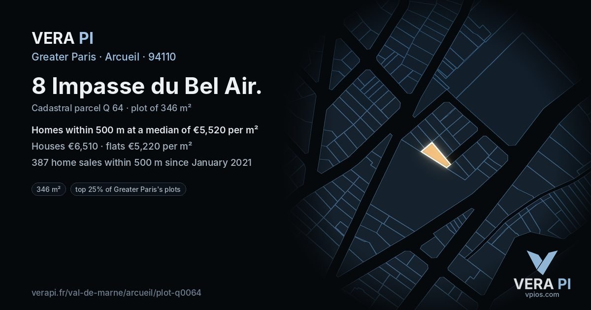 8 Impasse du Bel Air, Arcueil at night – the plot lit, the parcels around coloured by the prices near them