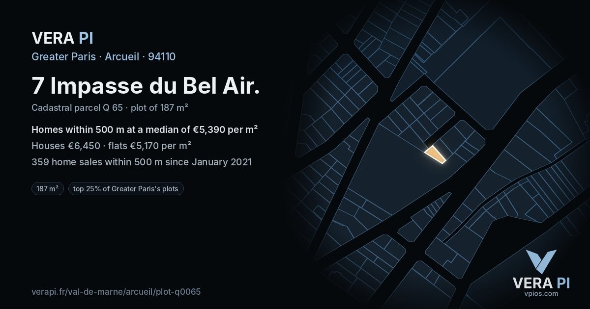 7 Impasse du Bel Air, Arcueil at night – the plot lit, the parcels around coloured by the prices near them