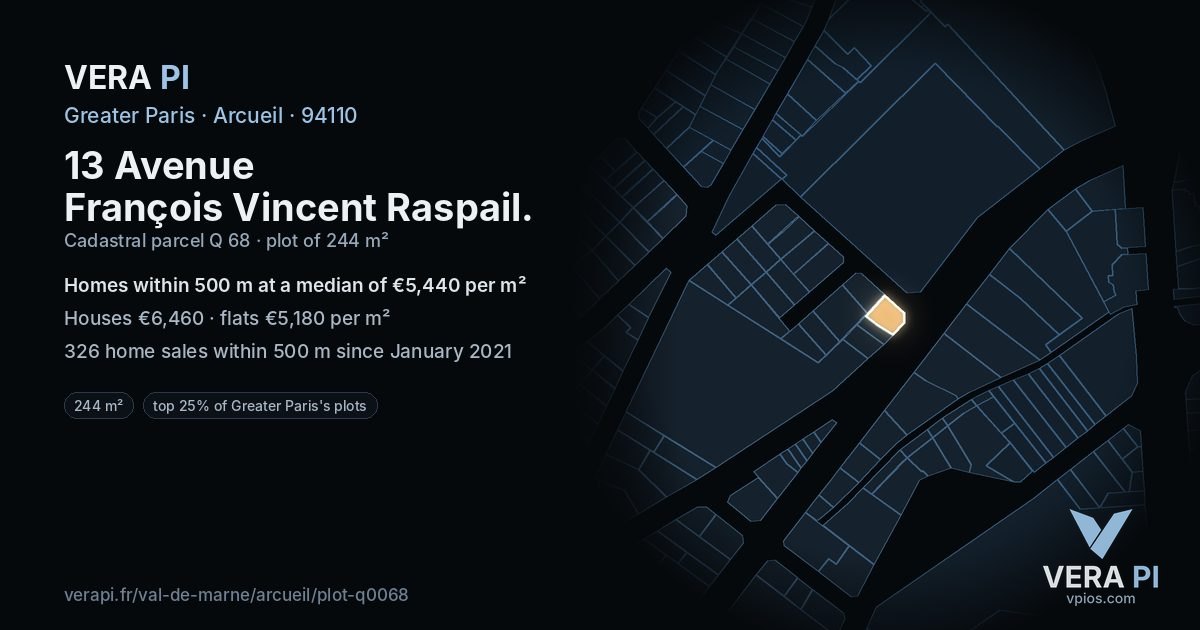 13 Avenue François Vincent Raspail, Arcueil at night – the plot lit, the parcels around coloured by the prices near them