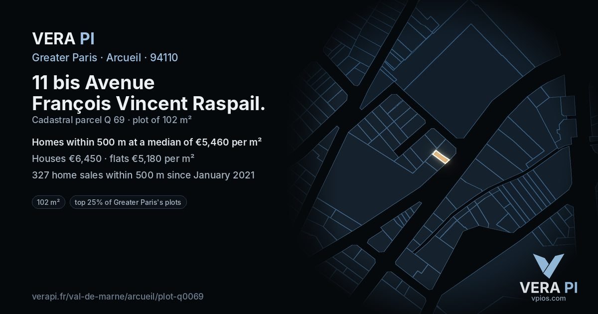 11 bis Avenue François Vincent Raspail, Arcueil at night – the plot lit, the parcels around coloured by the prices near them