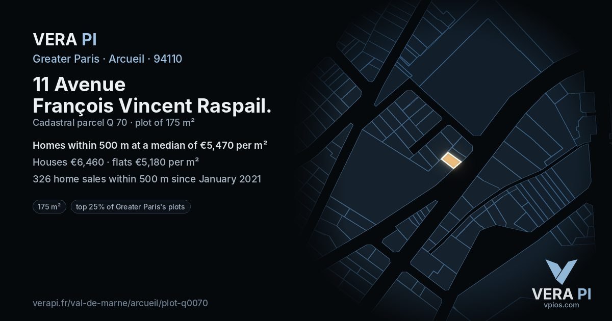 11 Avenue François Vincent Raspail, Arcueil at night – the plot lit, the parcels around coloured by the prices near them