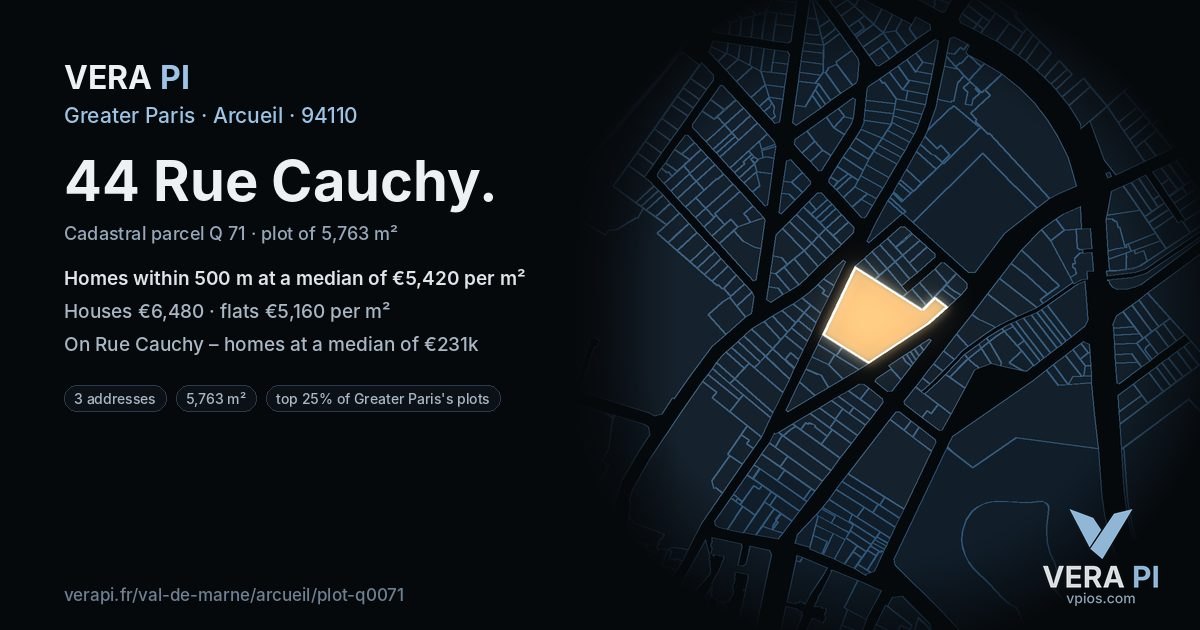 44 Rue Cauchy, Arcueil at night – the plot lit, the parcels around coloured by the prices near them