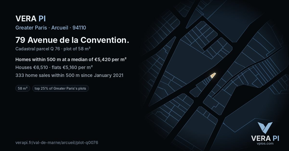 79 Avenue de la Convention, Arcueil at night – the plot lit, the parcels around coloured by the prices near them