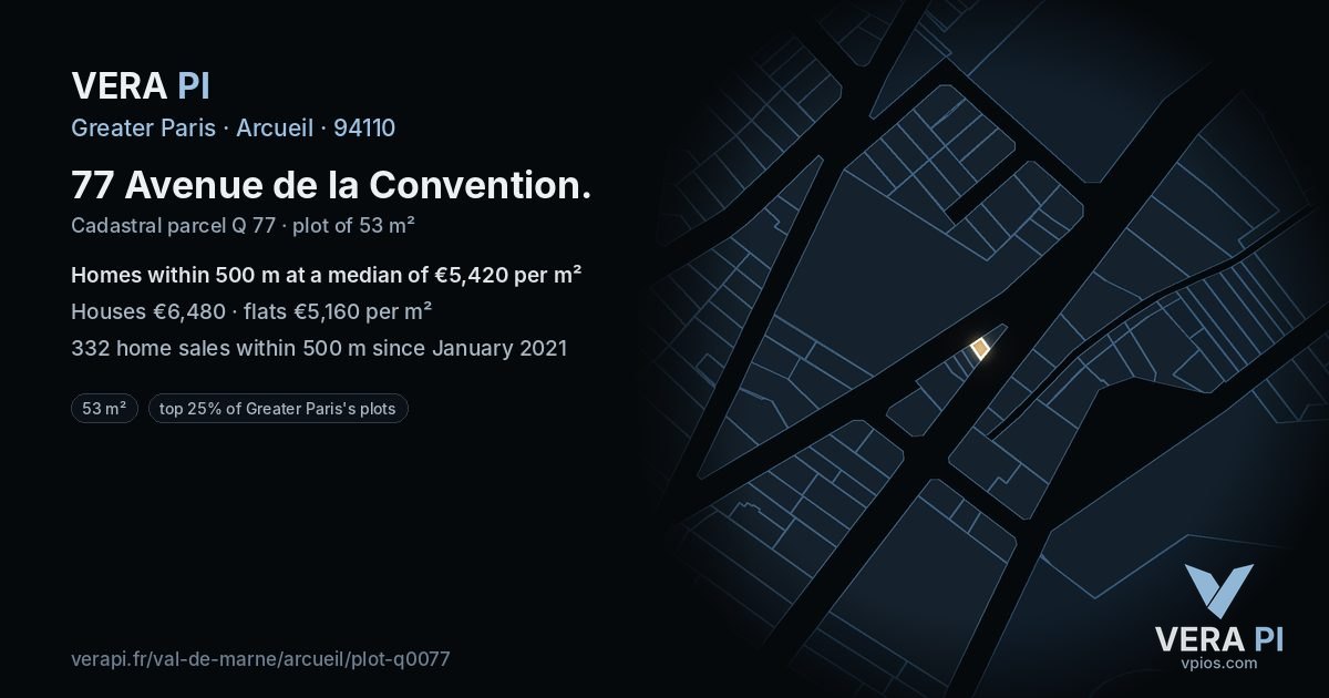 77 Avenue de la Convention, Arcueil at night – the plot lit, the parcels around coloured by the prices near them